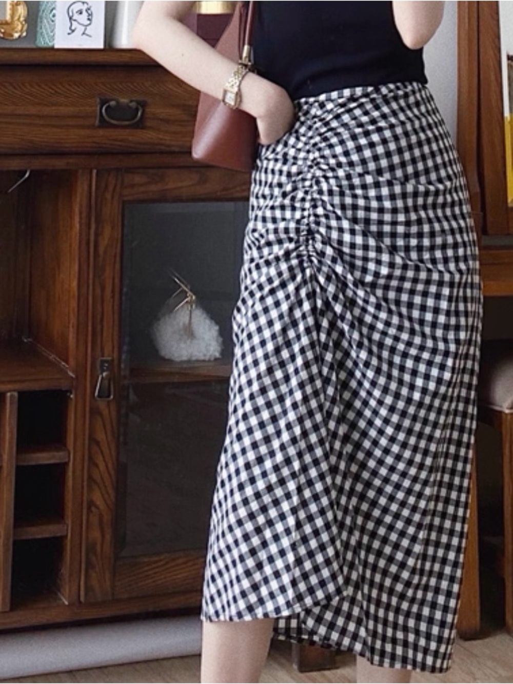 Designers Originals Black & White Gingham Ruched Midi Skirt